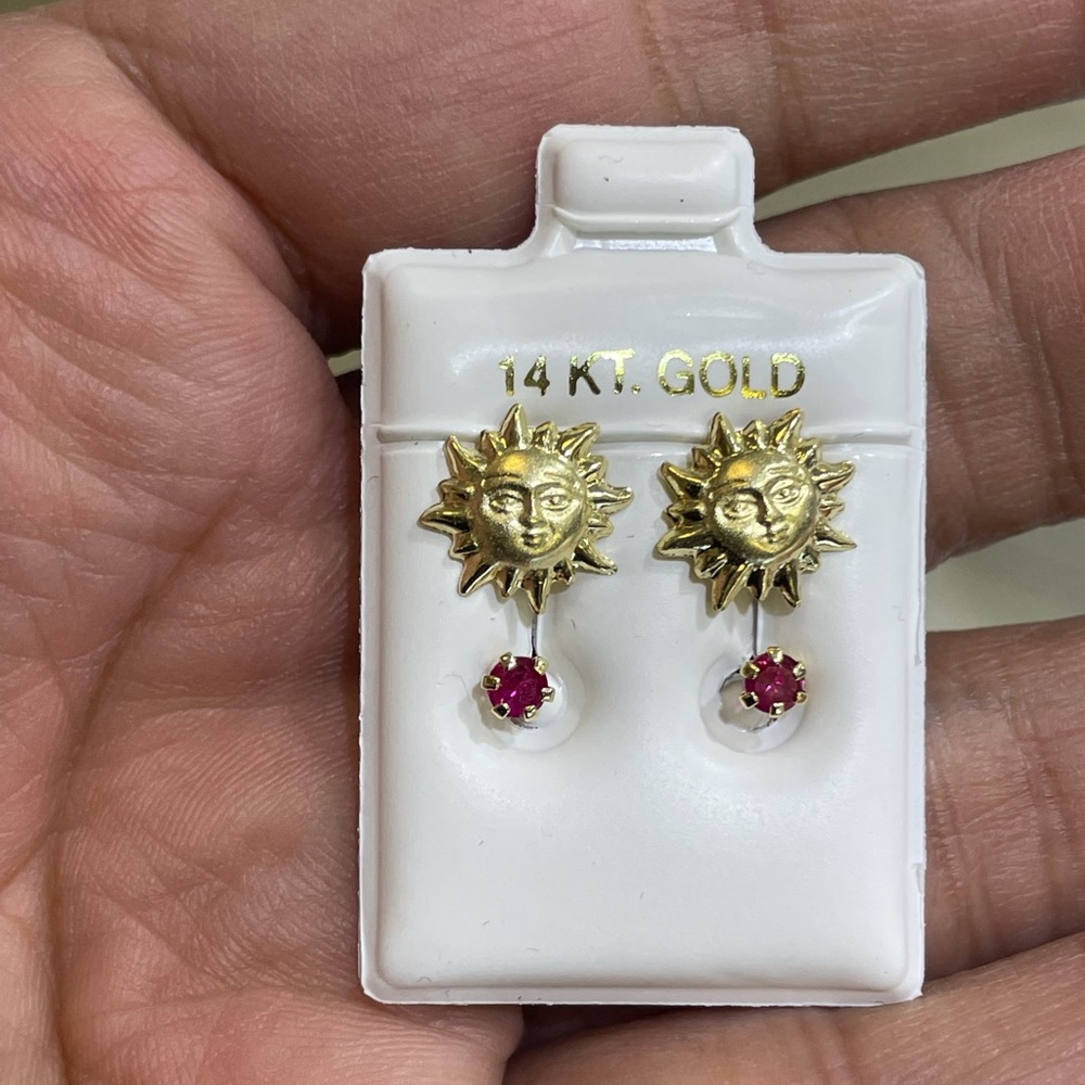 Solid Gold 14Karat SUN Ruby Cz 10x10mm Ball Telephone Earring